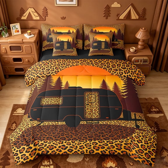Catabedysis Leopard Print Camper 7 Pieces Full Size Bedding Sets For Girls,Sunset Silhouette Print Full Size Bed in a Bag,Multicolor,Black Reversible