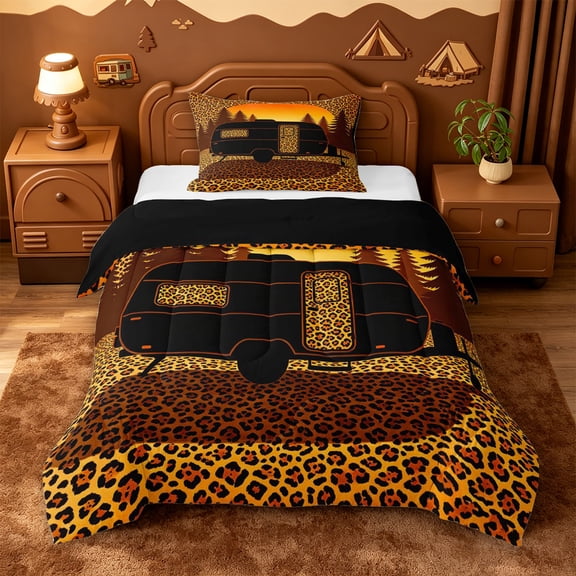 Catabedysis Leopard Print Camper Twin Comforter Sets For Girls,Sunset Silhouette Print Bedding Set,Multicolor,Black Reversible,2 Pieces,1 Comforter and 1 Pillowcase