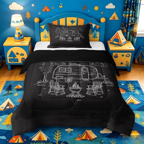 Catabedysis Lines Camping Twin Comforter Sets,Camper Print Bedding Set For Boys,Multicolor,Black Reversible,2-Piece,1 Comforter and 1 Pillowcase