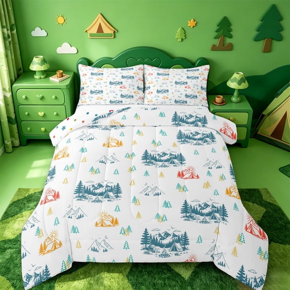 Catabedysis Minimal Camping Full Size Comforter Sets,Mountain Tent Pattern Bedding Comforter Set For Boys,Multicolor,Polkadot Reversible,3 Pieces,1 Comforter and 2 Pillowcases