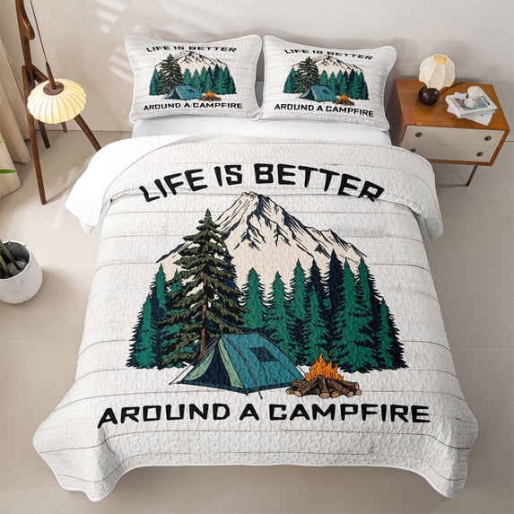 Catabedysis Minimal Camping Quilt Full,Campfire Tent Print Full Bedspread Sets For Boys,Multicolor,3 Pieces