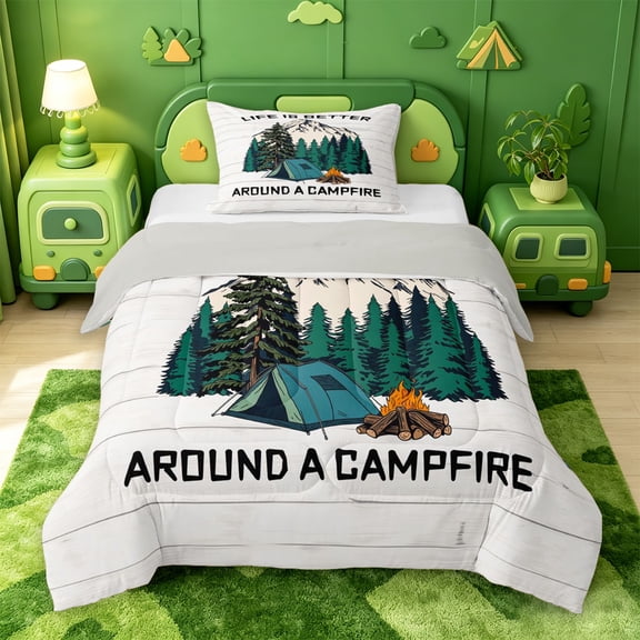 Catabedysis Minimal Camping Twin Comforter Sets,Campfire Tent Print Bedding Set For Boys,Multicolor,Light Gray Reversible,2 Pieces,1 Comforter and 1 Pillowcase