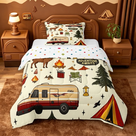 Catabedysis Modern Camping Pattern Twin Comforter Sets For Camper Gifts,Jungle Animals Deer Bedding Set For Boys,Multicolor,Polkadot Reversible,2-Piece,1 Comforter and 1 Pillowcase