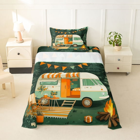 Catabedysis Modern Colorful Camper Twin Sheets,Cartoon Camping Print Bedding For Boys,Multicolor,3 Pieces,1 Fitted Sheet and 1 Pillowcase