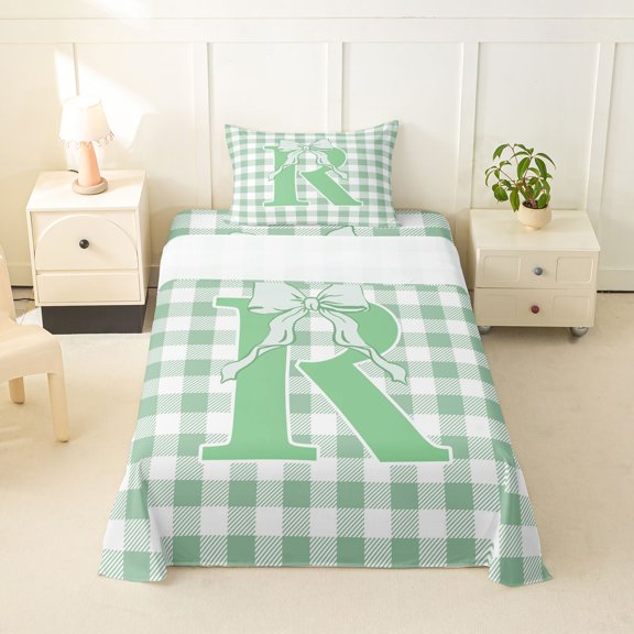 Catabedysis Modern Geometric Check Twin Sheets,Bowtie Monogrammed R Design Bedding For Girls,3pcs,1 Fitted Sheet and 1 Pillowcase
