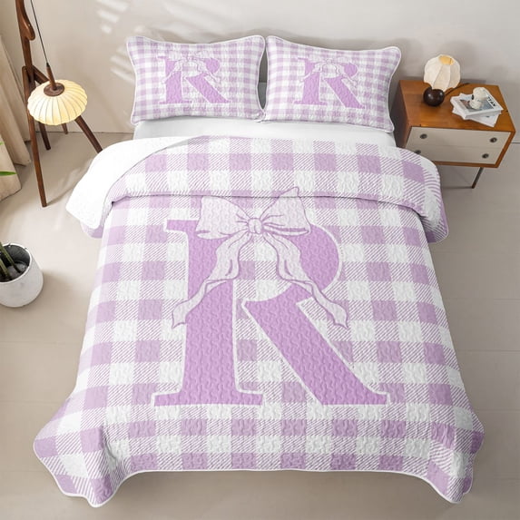 Catabedysis Modern Geometric Plaid Quilt Full,Bowknot Monogrammed R Design Full Bedspread Sets For Girls,3 Pieces