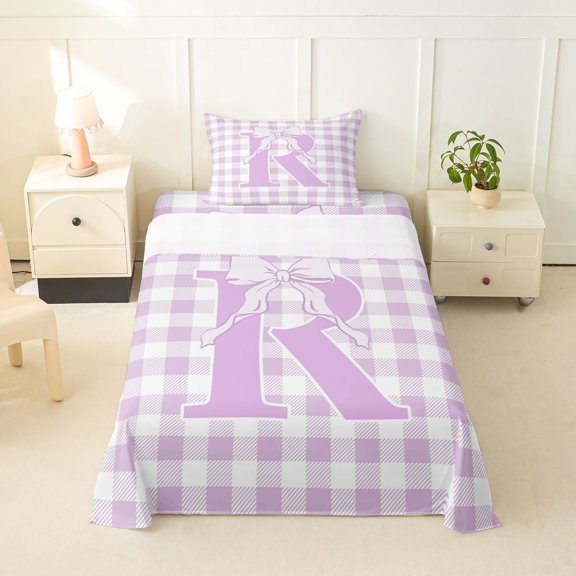 Catabedysis Modern Geometric Plaid Twin Sheets,Bowknot Monogrammed R Design Bedding For Girls,3-Piece,1 Fitted Sheet and 1 Pillowcase