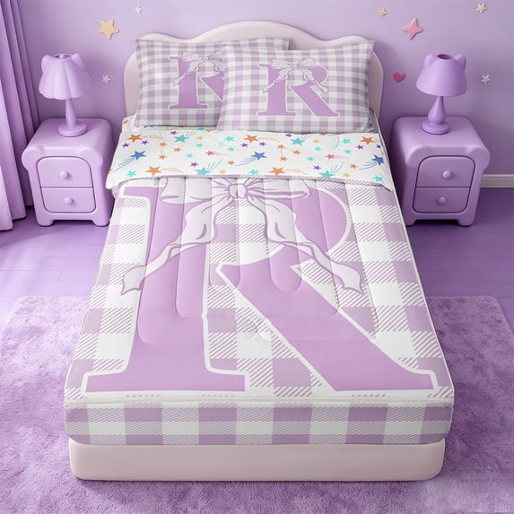 Catabedysis Modern Geometric Plaid Zipper Twin Comforter Sets with Fitted Sheet and 2 Pillowcases,Bowknot Monogrammed R Design Zipper Bedding Set For Girls,Colorful Stars Reversible,4 Pieces