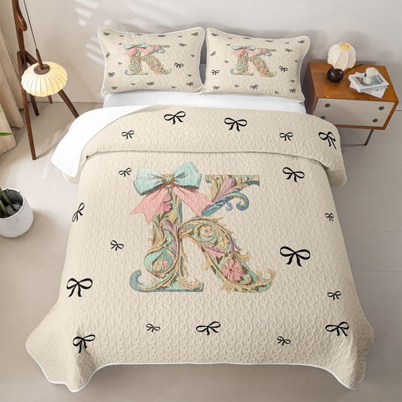 Catabedysis Multicolor Retro Flowers Bed Spread Queen,Chic Bow Alphabet K Design Queen Coverlet Set For Girls,3-Piece