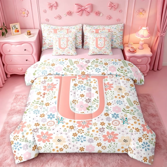 Catabedysis Multicolor Spring Flower 7-Piece King Bedding,Initial U Pattern King Bed in a Bag,Pink Reversible For Girls