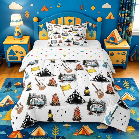 Catabedysis Music Camping Twin Comforter Sets,Tent Guitar Pattern Bedding Set For Boys,Multicolor,Polkadot Reversible,2pcs,1 Comforter and 1 Pillowcase