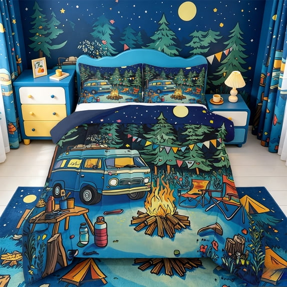 Catabedysis Night Camper Full Size Comforter Sets,Camping Print Bedding Comforter Set For Boys,Multicolor,Navy Blue Reversible,3-Piece,1 Comforter and 2 Pillowcases