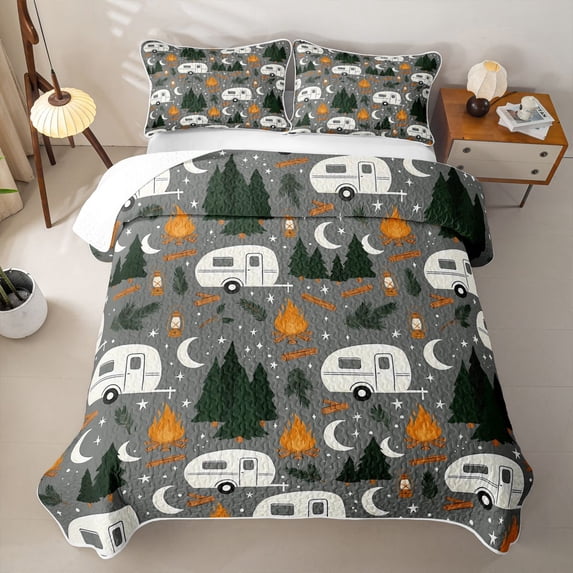 Catabedysis Night Camping Quilt Full,Cute Moon Stars Full Bedspread Sets For Boys,Grey,3 Pieces