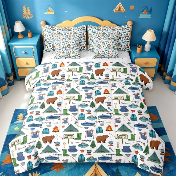 Catabedysis Outdoor Camping 7 Pieces Full Size Bedding Sets,Tent Bear Pattern Full Size Bed in a Bag For Boys,Multicolor,Reversible