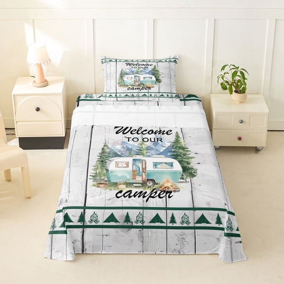 Catabedysis Outdoor Camping Twin Sheets,3D Camper Print Bedding For Boys,Multicolor,3-Piece,1 Fitted Sheet and 1 Pillowcase