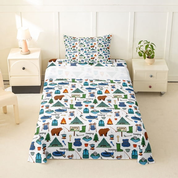 Catabedysis Outdoor Camping Twin Sheets,Tent Bear Pattern Bedding For Boys,Multicolor,3pcs,1 Fitted Sheet and 1 Pillowcase