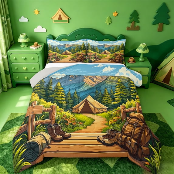 Catabedysis Outdoor Cartoon Camping Full Size Comforter Sets,Rustic Mountain Tree Print Bedding Comforter Set For Boys,Multicolor,Light Gray Reversible,3 Pieces,1 Comforter and 2 Pillowcases