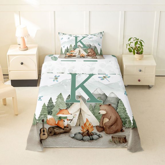 Catabedysis Outdoor Rv Camping Twin Sheets,Swild Bear Fox Alphabet K Print Bedding For Boys,3pcs,1 Fitted Sheet and 1 Pillowcase