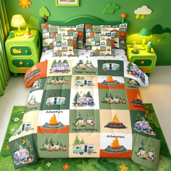 Catabedysis Patchwork Camping 7-Piece Twin Bedding,Adventure Camper Print Bedding Comforter Set For Boys,Multicolor,Polkadot Reversible