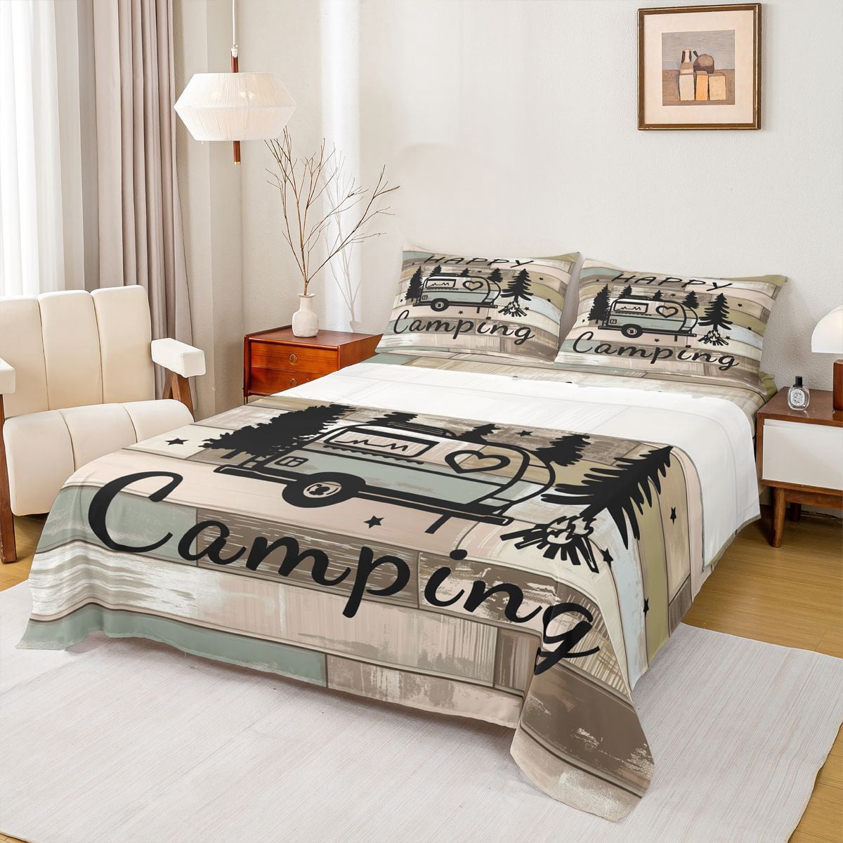Catabedysis Patchwork Lines Camping Bed Sheets,Heart Camper Print Full ...