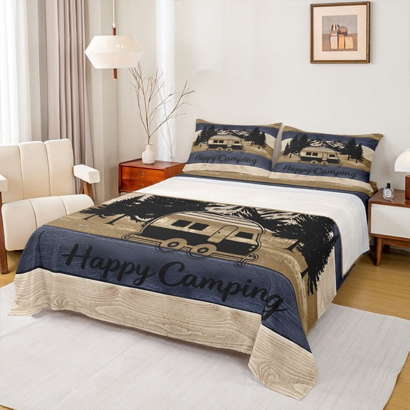 Catabedysis Patriotic Camping Bed Sheets,Camper Silhouette Print Full Size Sheets For Boys,Multicolor,4pcs,1 Flat Sheet, 1 Fitted Sheet and 2 Pillowcases