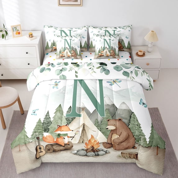 Catabedysis Personalized Camper Gifts 7-Piece Twin Bedding,Rustic Cabin Deer Monogrammed N Bedding Comforter Set For Boys,Polkadot Reversible