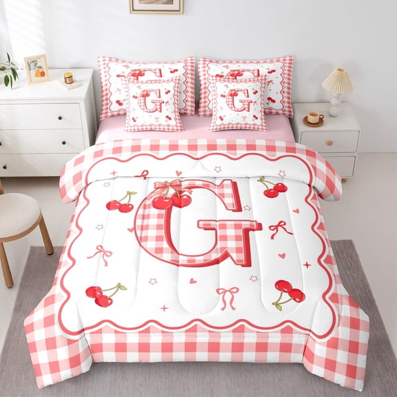 Catabedysis Personalized Cherry Gifts 7pcs Queen Bedding,Initial Alphabet G Pattern Bedding Comforter Set Queen,Pink Reversible For Girls