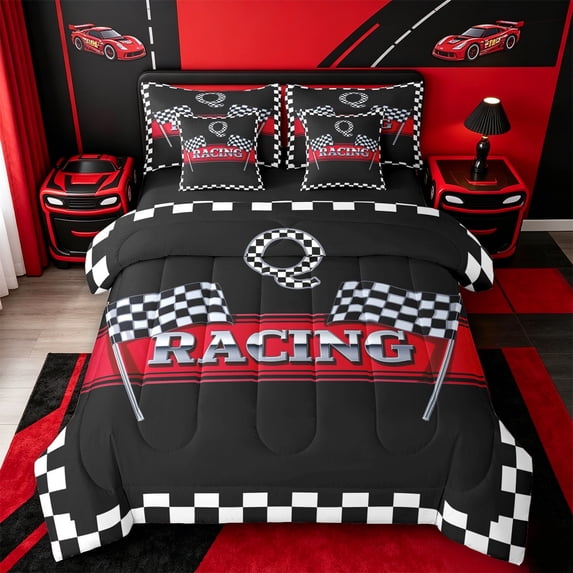 Catabedysis Personalized Letter Gifts 7pcs Queen Bedding,Racing Print Alphabet Q Bedding Comforter Set Queen,Black Reversible For Boys