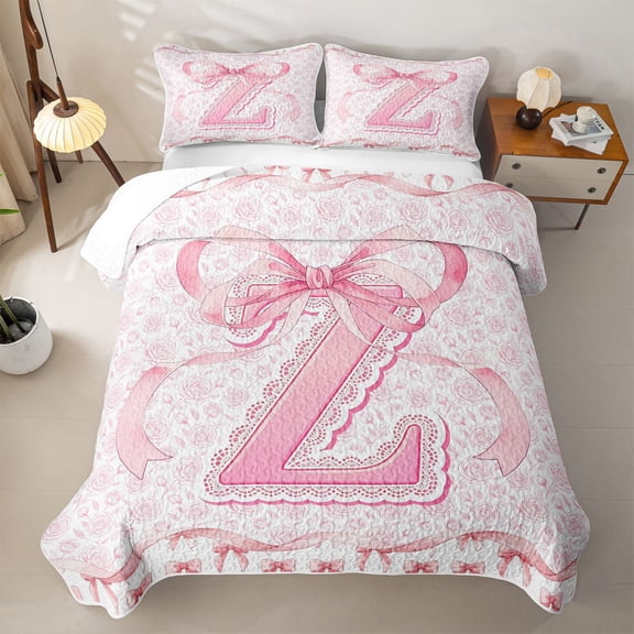 Catabedysis Personalized Letter Gifts Bed Spread Queen,Chic Bows Alphabet Z Queen Coverlet Set For Girls,3-Piece