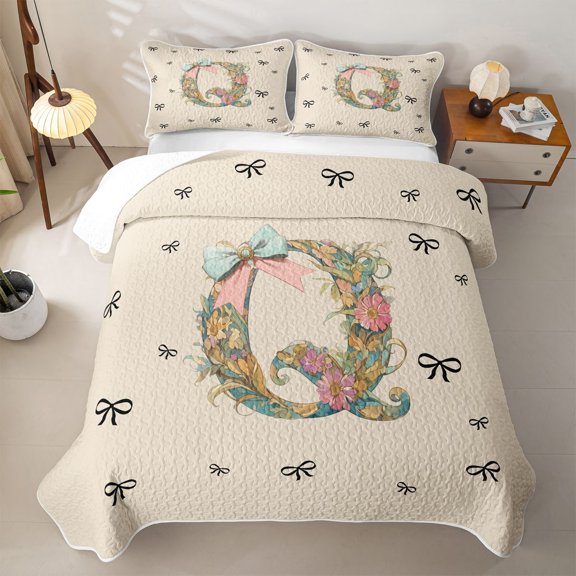 Catabedysis Personalized Letter Gifts Bed Spread Queen,Cute Bowknot Alphabet Q Queen Coverlet Set For Girls,3-Piece