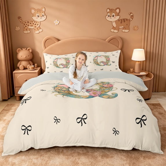 Catabedysis Personalized Letter Gifts Duvet Cover Queen,Cute Bowknot Alphabet Q Queen Bedding For Girls,Light Gray Reversible,3-Piece,1 Duvet Cover and 2 Pillowcases
