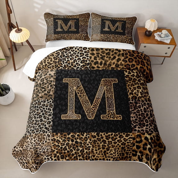 Catabedysis Personalized Letter Gifts Quilt Full,Fashion Leopard Alphabet M Full Bedspread Sets For Girls,3Pcs