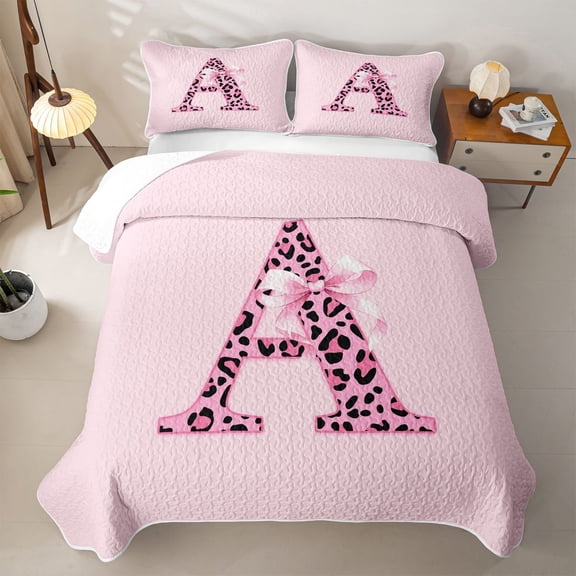 Catabedysis Pink Abc Print A Quilt Full,Leopard Monogrammed Gifts Full Bedspread Sets For Girls,3-Piece