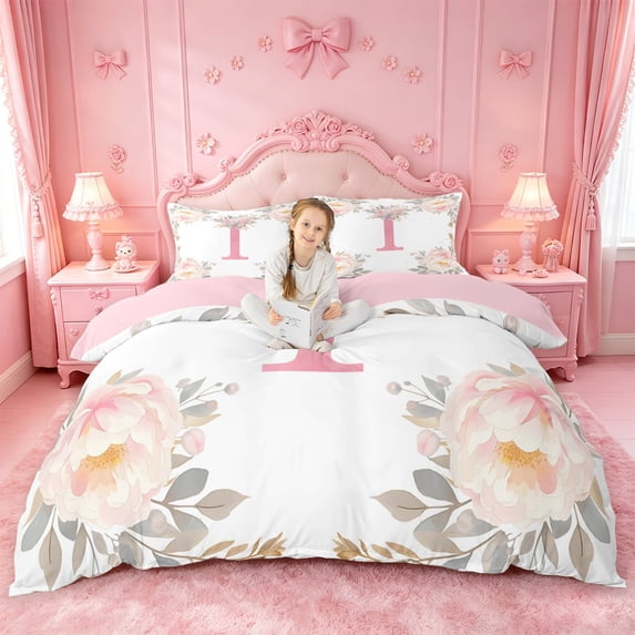 Catabedysis Pink Alphabet I Duvet Cover Queen,Kawaii Flowers Queen Bedding For Girls,Pink Reversible,3pcs,1 Duvet Cover and 2 Pillowcases