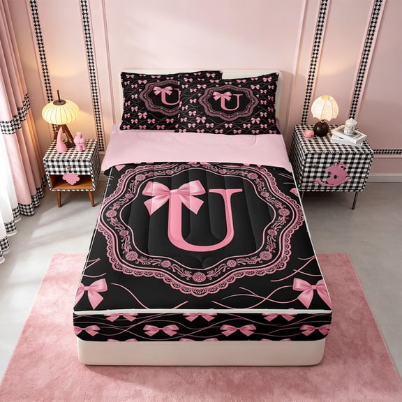 Catabedysis Pink Bowknot Initial U Zipper Twin Comforter Sets with Fitted Sheet and 2 Pillowcases,Cute Bows ABC Themed Zipper Bedding Set For Girls,Pink Reversible,4-Piece
