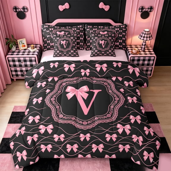 Catabedysis Pink Bows ABC Print V 7 Pieces Full Size Bedding Sets,Personalized Monogrammed Gifts Full Size Bed in a Bag,Pink Reversible For Girls
