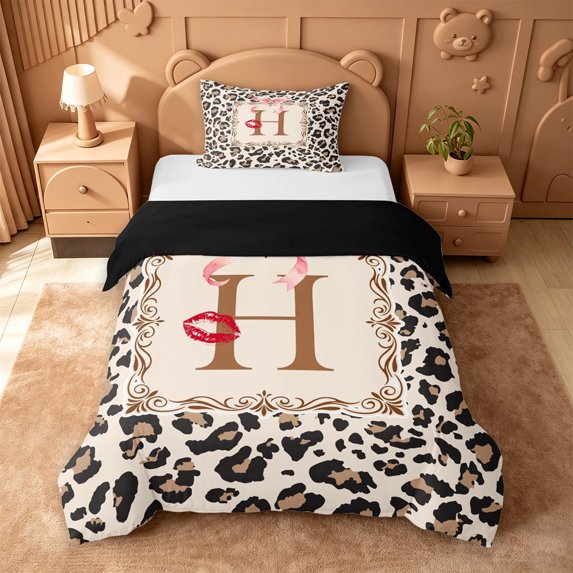 Catabedysis Pink Bows Letter Twin Duvet Cover,Fashion Leopard Print Art Twin Bedding For Girls,Black Reversible,2 Pieces,1 Duvet Cover and 1 Pillowcase
