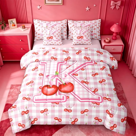 Catabedysis Pink Bows Monogram K 7pcs Queen Bedding,Sweet Fruit Cherries Print Bedding Comforter Set Queen,Pink Reversible For Girls