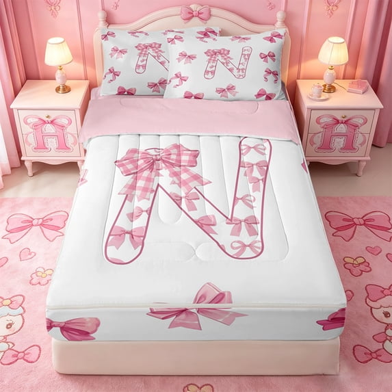 Catabedysis Pink Bows Zipper Full Size Comforter Sets with Fitted Sheet and 2 Pillowcases,Cartoon Bowtie Letter N Design Zipper Bedding Set For Girls,Pink Reversible,4-Piece