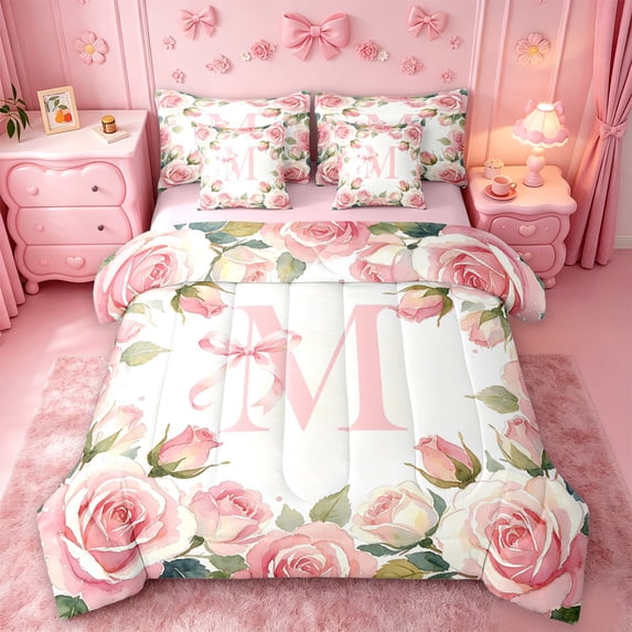 Catabedysis Pink Flowers ABC Print M 7-Piece Twin Bedding,Personalized Monogrammed Gifts Bedding Comforter Set,Pink Reversible For Girls