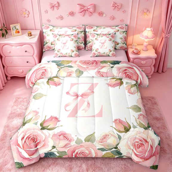 Catabedysis Pink Flowers ABC Print Z 7-Piece Twin Bedding,Personalized Monogrammed Gifts Bedding Comforter Set,Pink Reversible For Girls