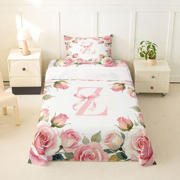 Catabedysis Pink Flowers ABC Print Z Twin Sheets,Personalized Monogrammed Gifts Bedding For Girls,3-Piece,1 Fitted Sheet and 1 Pillowcase
