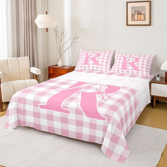 Catabedysis Pink Gingham Print Queen Sheets,Plaid Monogrammed R Design Queen Sheet Sets For Girls,4pcs,1 Flat Sheet, 1 Fitted Sheet and 2 Pillowcases
