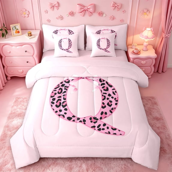 Catabedysis Pink Leopard Print 7 Pieces Full Size Bedding Sets,Initial Letter Q Full Size Bed in a Bag,Pink Reversible For Girls