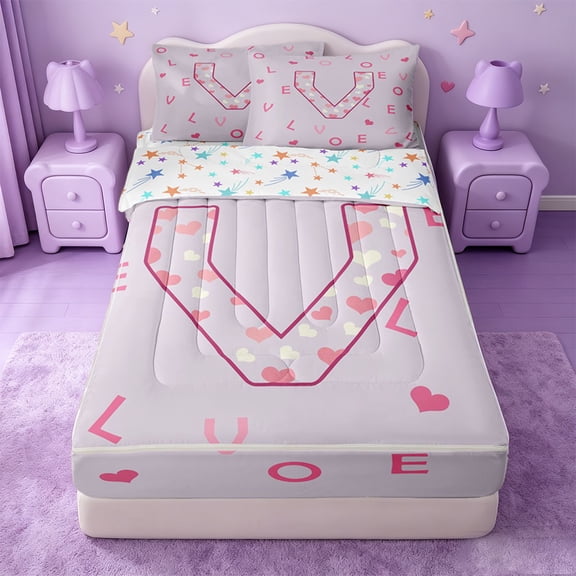 Catabedysis Pink Loves ABC Print V Zipper Twin Comforter Sets with Fitted Sheet and 2 Pillowcases,Personalized Monogrammed Gifts Zipper Bedding Set For Girls,Colorful Stars Reversible,4 Pieces