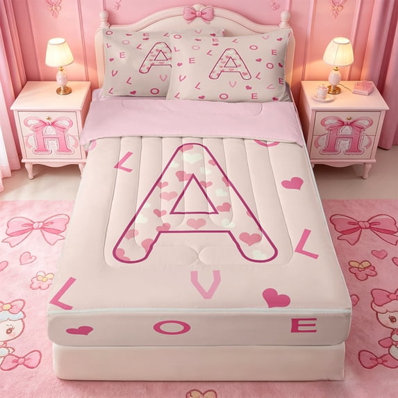 Catabedysis Pink Loves ABC Print A Zipper Twin Comforter Sets with Fitted Sheet and 2 Pillowcases,Personalized Monogrammed Gifts Zipper Bedding Set For Girls,Pink Reversible,4-Piece
