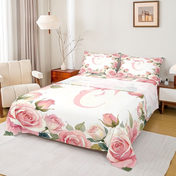 Catabedysis Pink Monogram C King Sheets,Chic Valentine Rose Bedding For ...