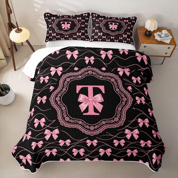 Catabedysis Pink Monogram T Bed Spread Queen,Cute Bows Queen Coverlet Set For Girls,3 Pieces