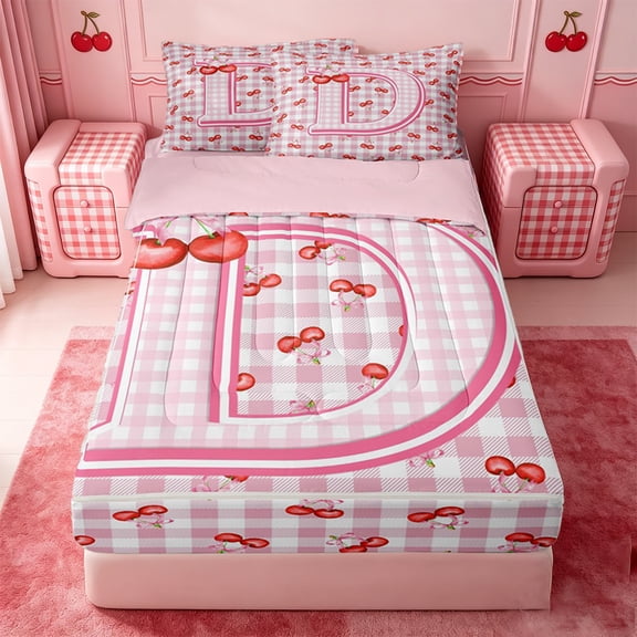 Catabedysis Pink Monogrammed Print Zipper Twin Comforter Sets with Fitted Sheet and 2 Pillowcases,Initial Letter D Zipper Bedding Set For Girls,Pink Reversible,4 Pieces