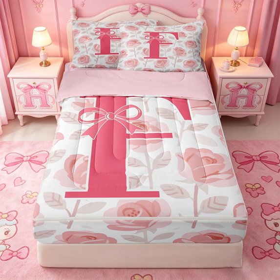 Catabedysis Pink Ribbon Bow Zipper Twin Comforter Sets with Fitted Sheet and 2 Pillowcases,Cute Flowers Personalized Letter F Zipper Bedding Set For Girls,Pink Reversible,4 Pieces